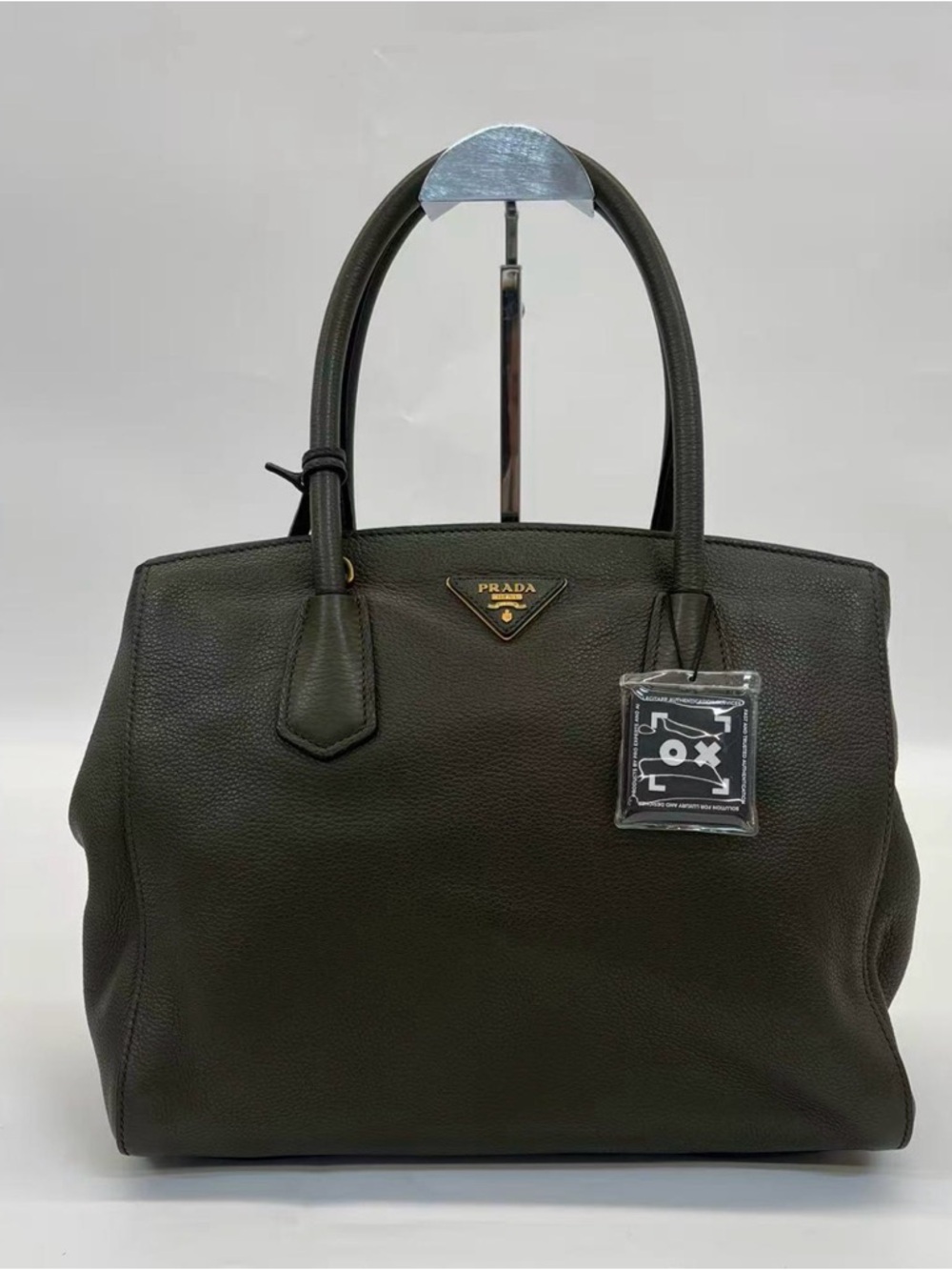 Prada Dark Olive Green Leather Tote with Gold Logo